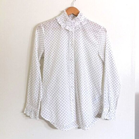 Like New J Crew Classic-fit Ruffle Neck Shirt In Sweet Spots Size 2 - Picture 2 of 7